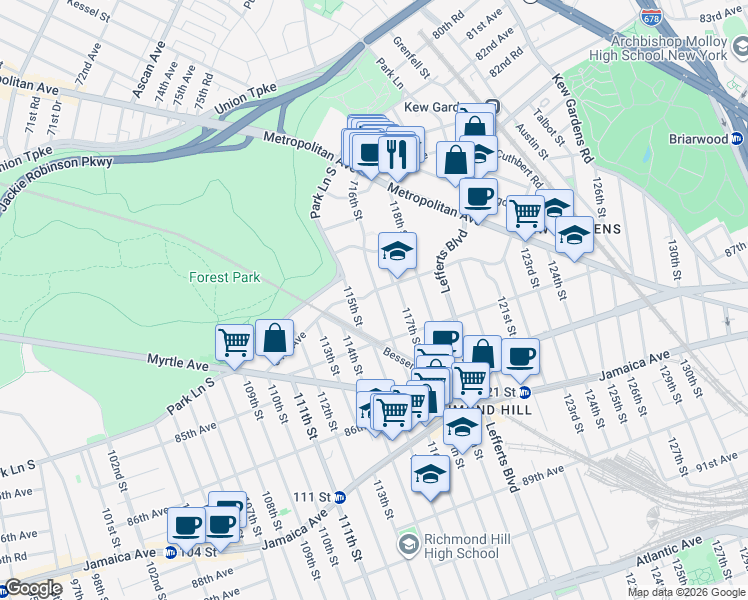 map of restaurants, bars, coffee shops, grocery stores, and more near 115-26 84th Avenue in Queens