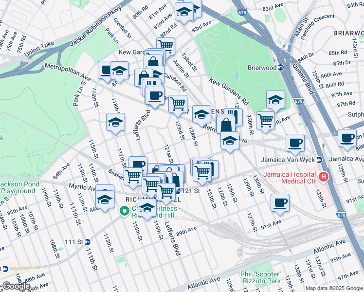 map of restaurants, bars, coffee shops, grocery stores, and more near 123-03 85th Avenue in Queens