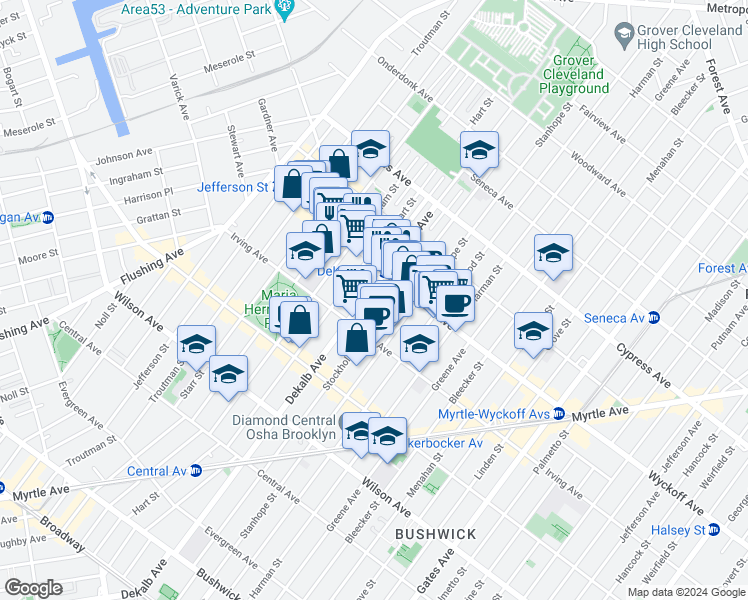 map of restaurants, bars, coffee shops, grocery stores, and more near 1584 Dekalb Avenue in Brooklyn
