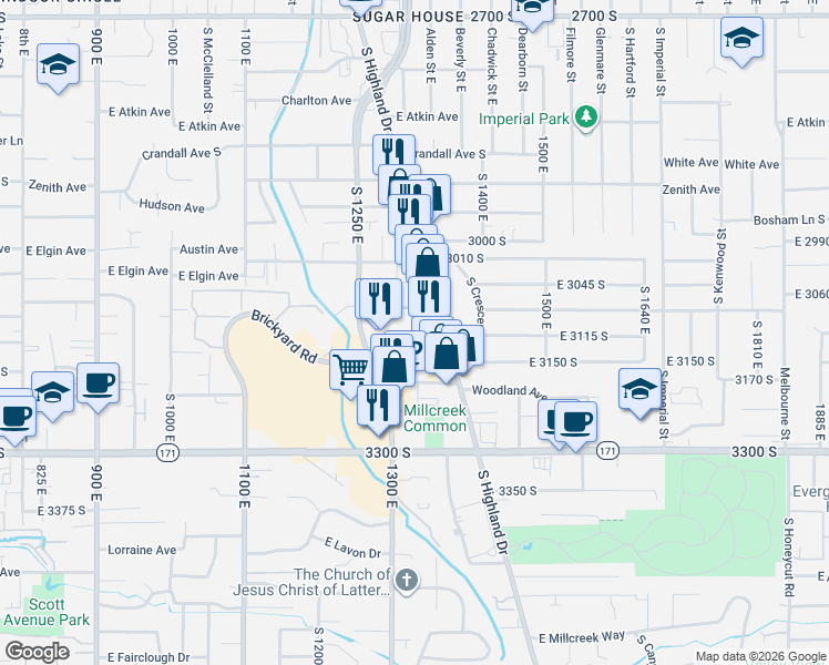map of restaurants, bars, coffee shops, grocery stores, and more near 1315 Gunn Avenue in Salt Lake City