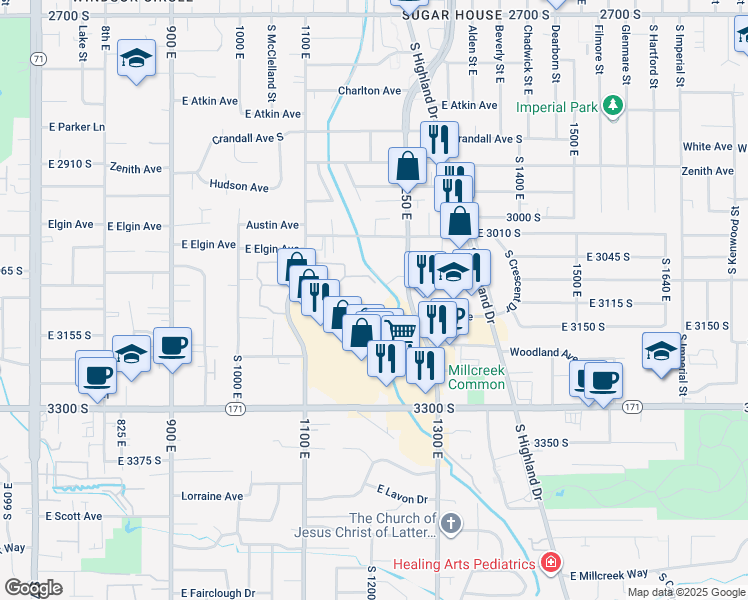 map of restaurants, bars, coffee shops, grocery stores, and more near 1241 Brickyard Road in Salt Lake City