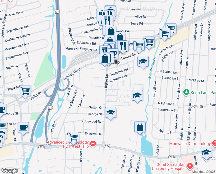 map of restaurants, bars, coffee shops, grocery stores, and more near 4 Sherman Avenue in West Islip