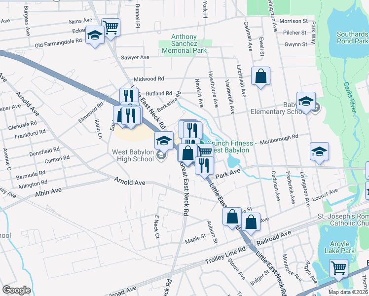 map of restaurants, bars, coffee shops, grocery stores, and more near 11 Millard Avenue in West Babylon