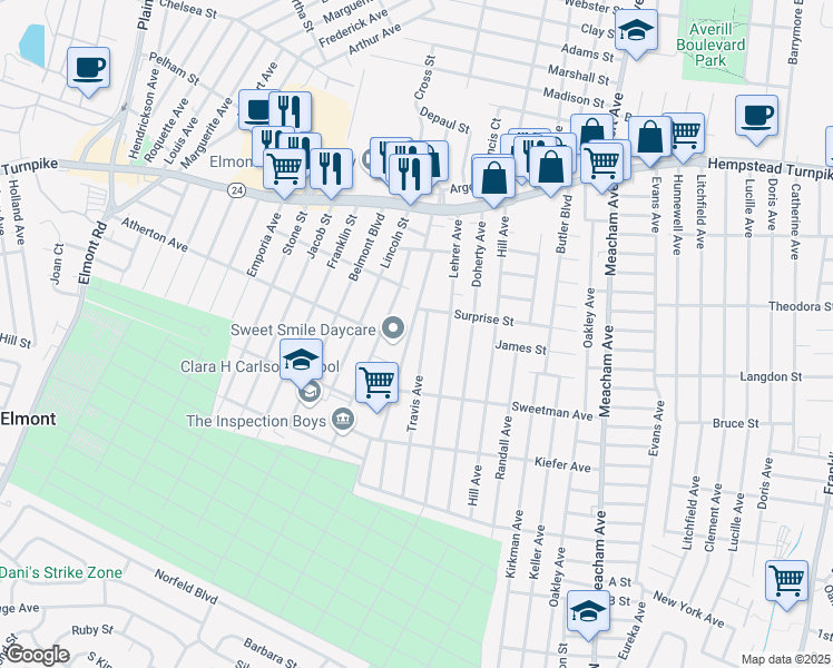 map of restaurants, bars, coffee shops, grocery stores, and more near 176 Benson Avenue in Elmont