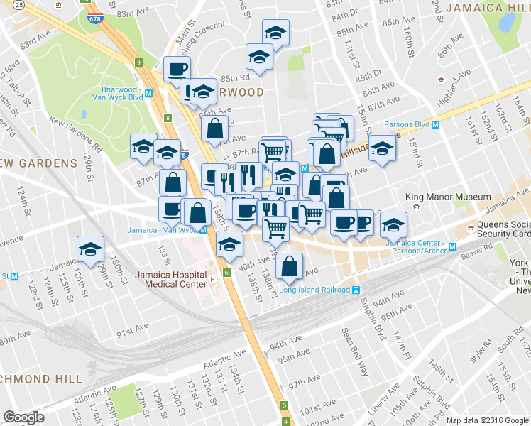 map of restaurants, bars, coffee shops, grocery stores, and more near 139-09 88th Avenue in Queens