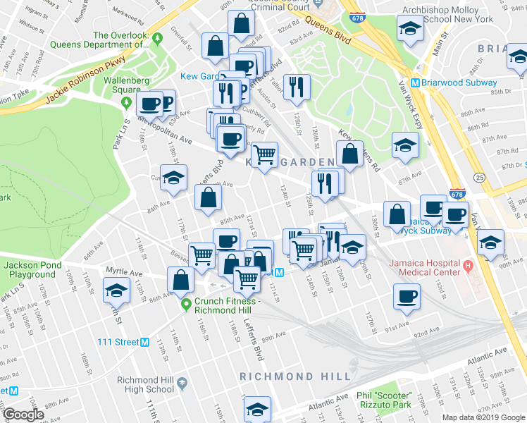 map of restaurants, bars, coffee shops, grocery stores, and more near 123-03 85th Avenue in Queens