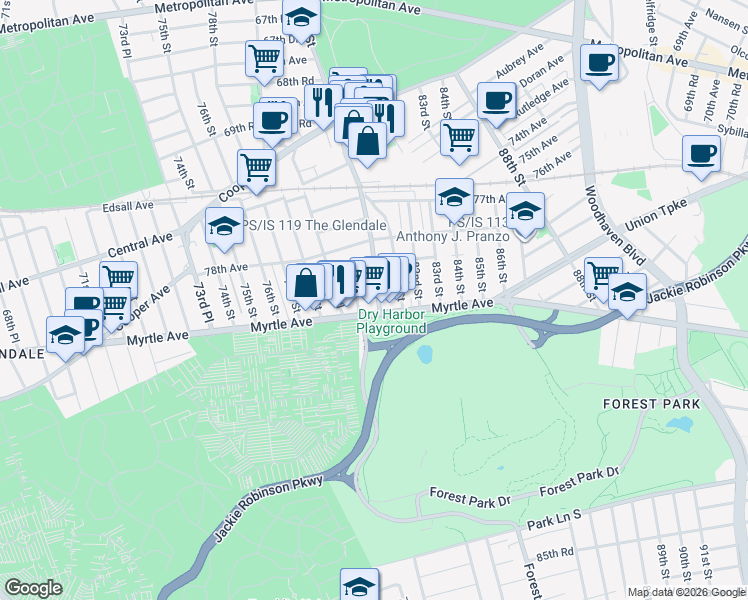 map of restaurants, bars, coffee shops, grocery stores, and more near 78-41 79th Lane in Queens