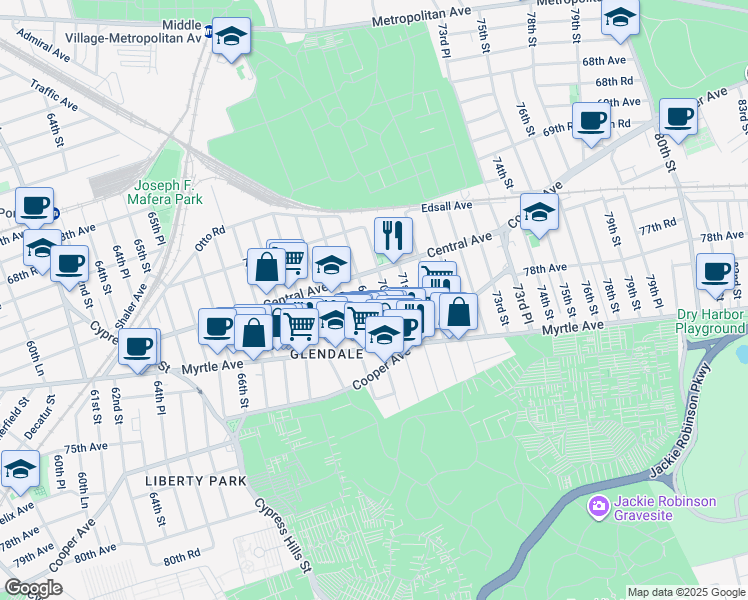 map of restaurants, bars, coffee shops, grocery stores, and more near 71-03 69th Place in Queens