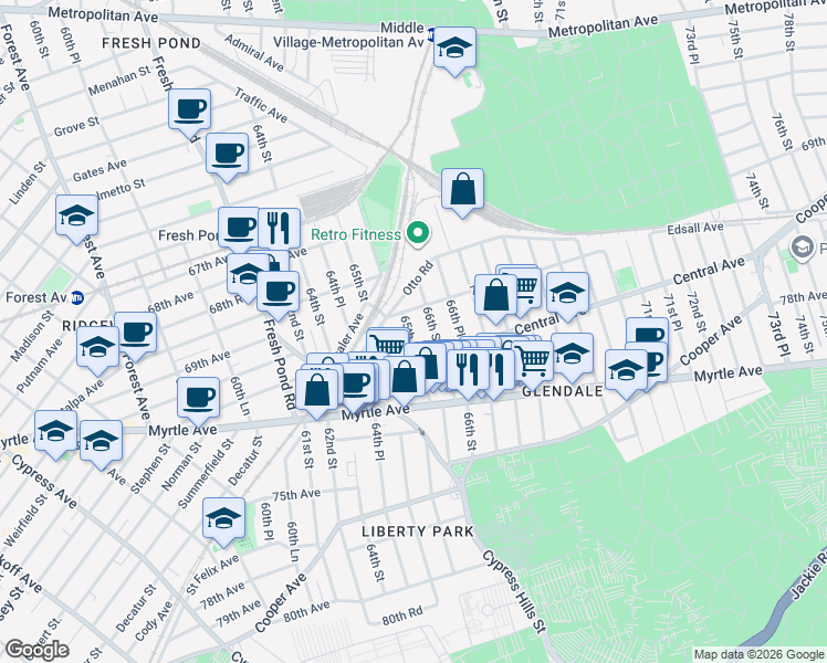 map of restaurants, bars, coffee shops, grocery stores, and more near 70-01 65th Place in Queens