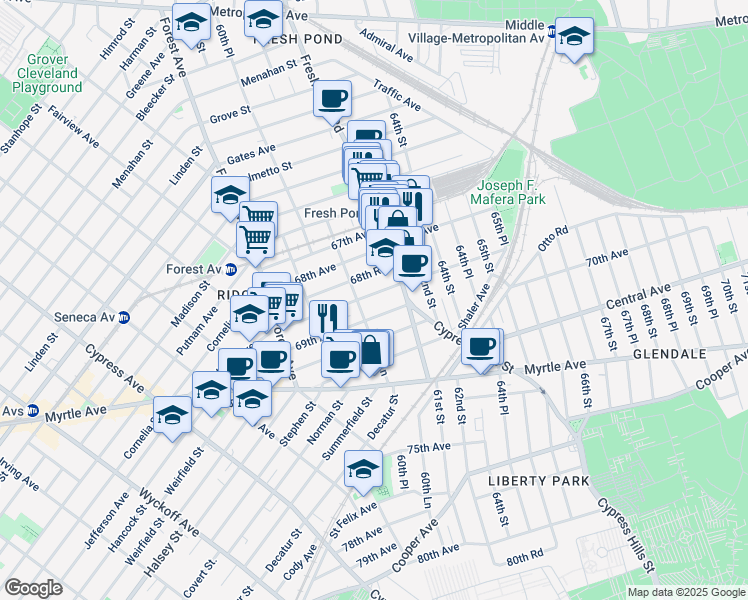 map of restaurants, bars, coffee shops, grocery stores, and more near 60-56 68th Road in Queens