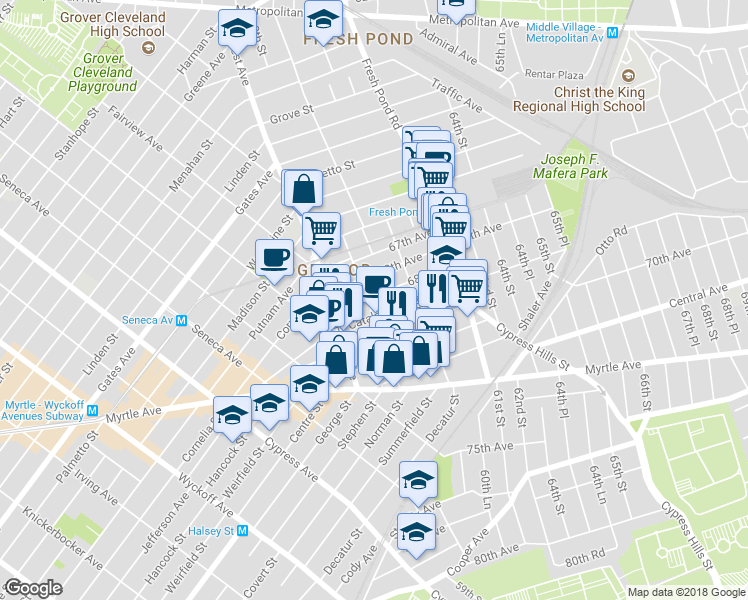 map of restaurants, bars, coffee shops, grocery stores, and more near 60-27 68th Road in Queens