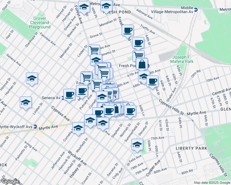 map of restaurants, bars, coffee shops, grocery stores, and more near 67-24 60th Street in Queens