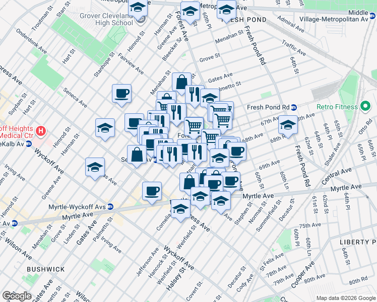map of restaurants, bars, coffee shops, grocery stores, and more near 18-84 Woodbine Street in Queens