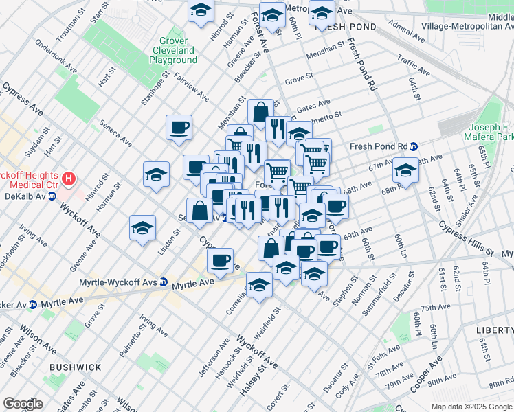 map of restaurants, bars, coffee shops, grocery stores, and more near 18-84 Woodbine Street in Queens
