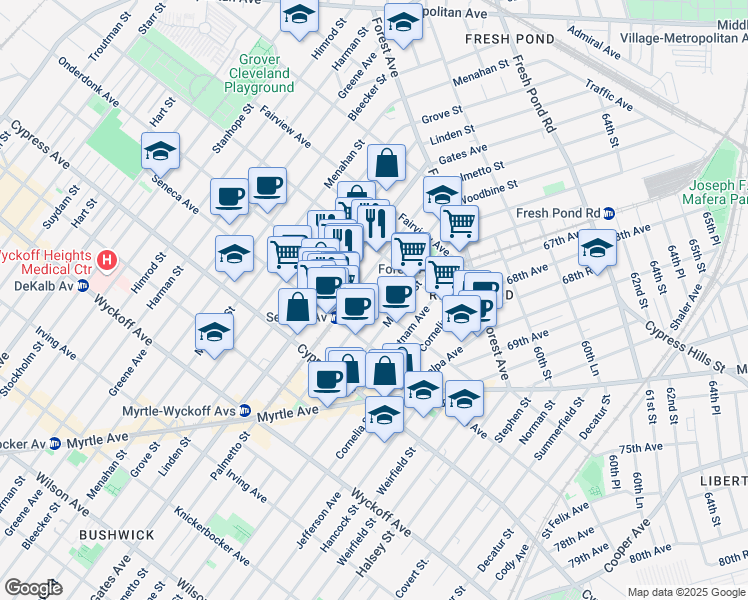 map of restaurants, bars, coffee shops, grocery stores, and more near 6-89 Onderdonk Avenue in Queens