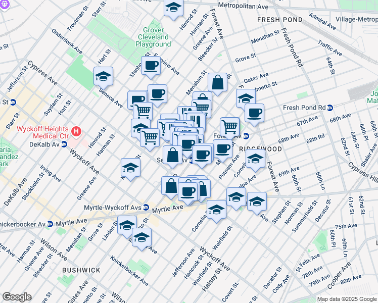 map of restaurants, bars, coffee shops, grocery stores, and more near 1827 Gates Avenue in Queens