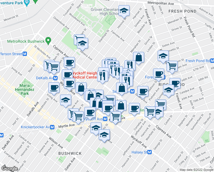 map of restaurants, bars, coffee shops, grocery stores, and more near 17-38 Menahan Street in Queens