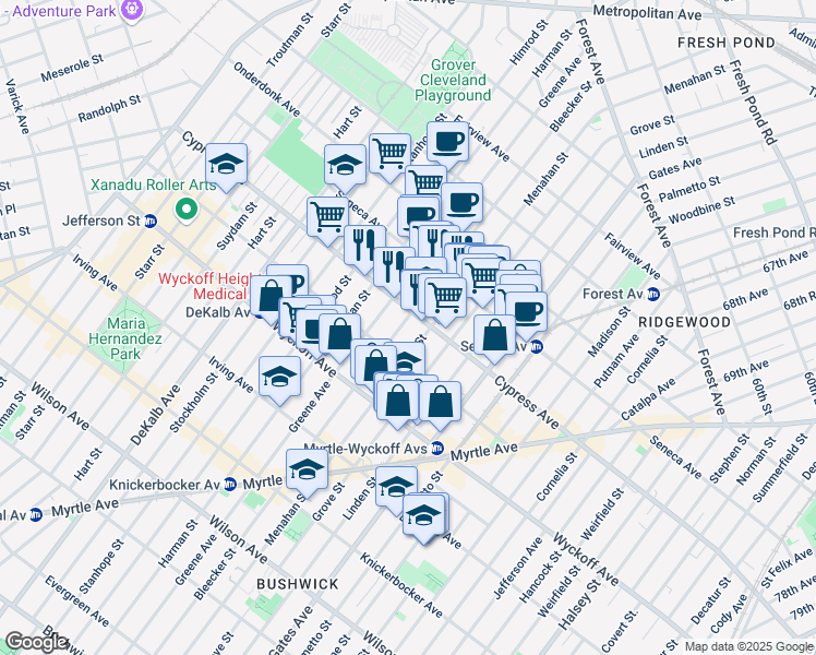 map of restaurants, bars, coffee shops, grocery stores, and more near in Queens