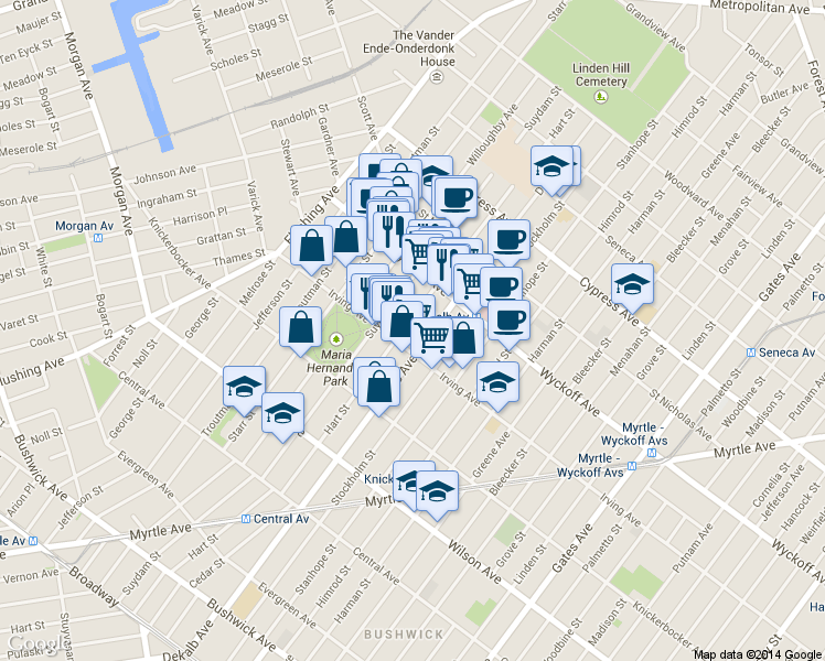 map of restaurants, bars, coffee shops, grocery stores, and more near in Brooklyn