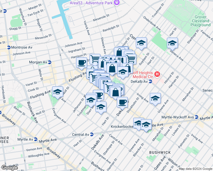 map of restaurants, bars, coffee shops, grocery stores, and more near 163 Starr Street in Brooklyn