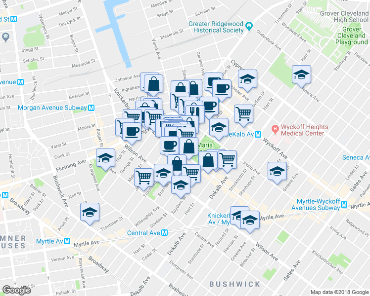 map of restaurants, bars, coffee shops, grocery stores, and more near 272 1/2 Jefferson Street in Brooklyn