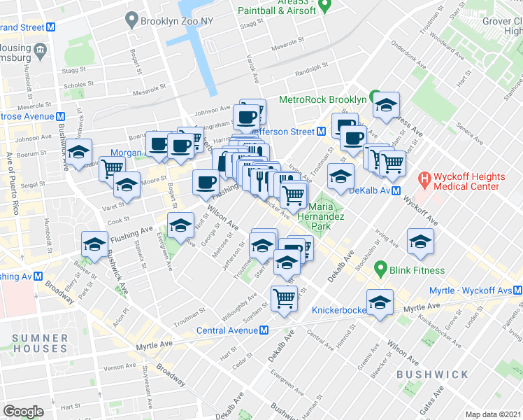 map of restaurants, bars, coffee shops, grocery stores, and more near in Brooklyn