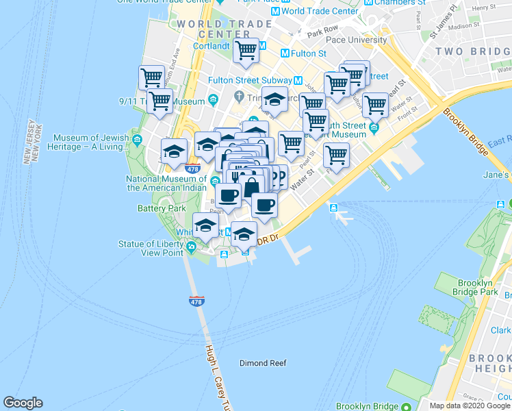 map of restaurants, bars, coffee shops, grocery stores, and more near 31 Bridge Street in New York