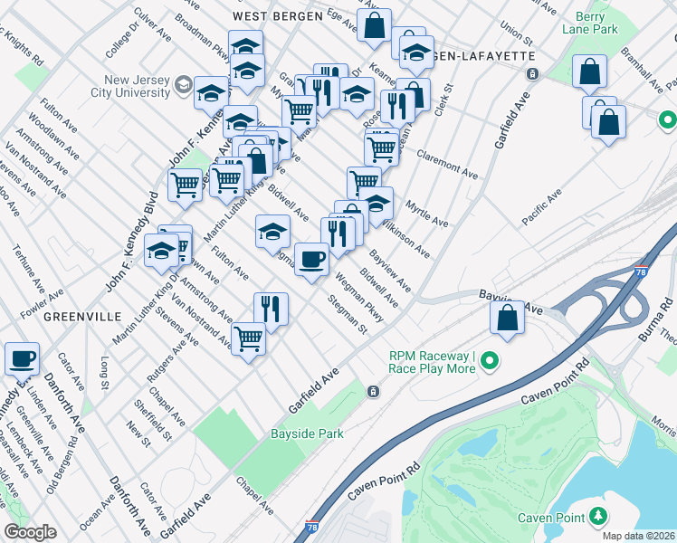 map of restaurants, bars, coffee shops, grocery stores, and more near 507-523 Ocean Avenue in Jersey City