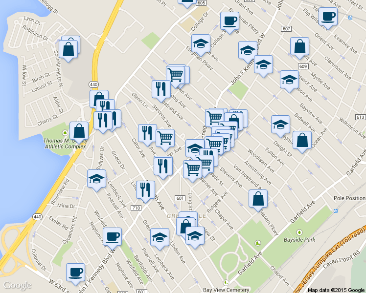 map of restaurants, bars, coffee shops, grocery stores, and more near 199 Stevens Avenue in Jersey City