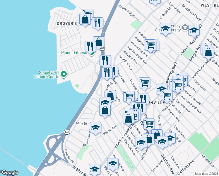 map of restaurants, bars, coffee shops, grocery stores, and more near 391 Danforth Avenue in Jersey City
