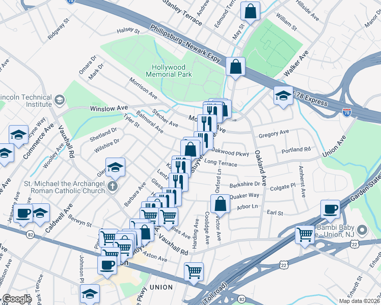 map of restaurants, bars, coffee shops, grocery stores, and more near 2021 Balmoral Avenue in Union