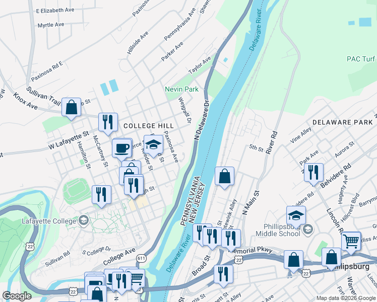 map of restaurants, bars, coffee shops, grocery stores, and more near 501 Mixsell Street in Easton