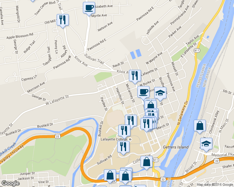 map of restaurants, bars, coffee shops, grocery stores, and more near 719 Hamilton Street in Easton