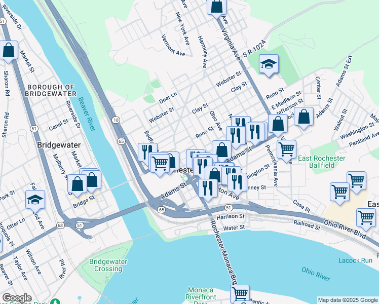 map of restaurants, bars, coffee shops, grocery stores, and more near 222 West Madison Street in Rochester