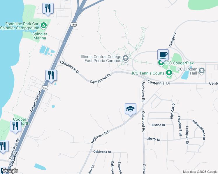 map of restaurants, bars, coffee shops, grocery stores, and more near 447-917 Centennial Dr in East Peoria