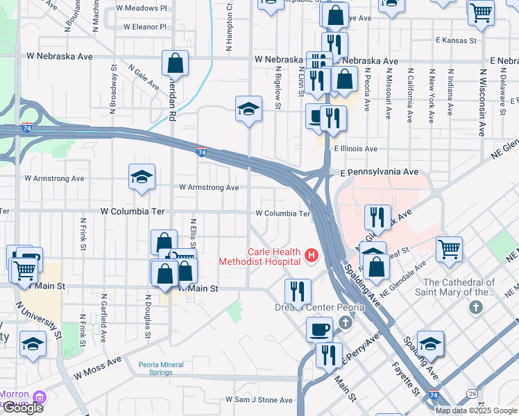 map of restaurants, bars, coffee shops, grocery stores, and more near 306 West Armstrong Avenue in Peoria