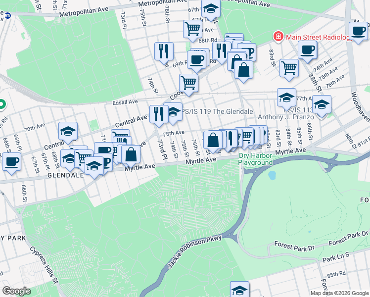 map of restaurants, bars, coffee shops, grocery stores, and more near 78-16 76th Street in Queens