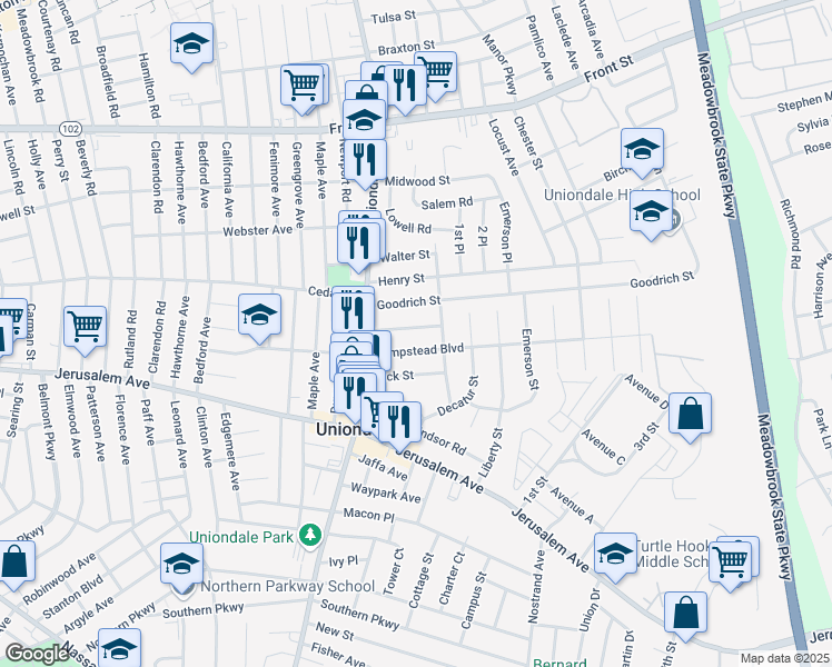 map of restaurants, bars, coffee shops, grocery stores, and more near 704 Lafayette Avenue in Uniondale