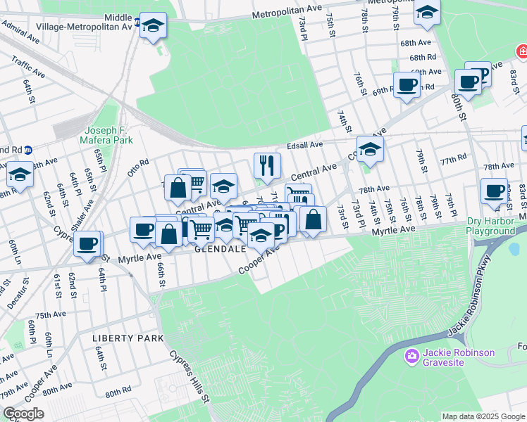 map of restaurants, bars, coffee shops, grocery stores, and more near 71-20 71st Street in Queens