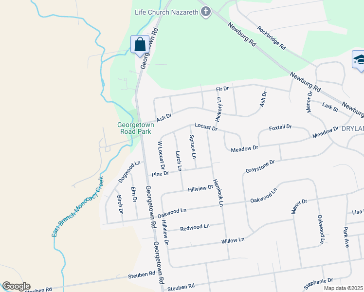 map of restaurants, bars, coffee shops, grocery stores, and more near 458 Larch Lane in Nazareth