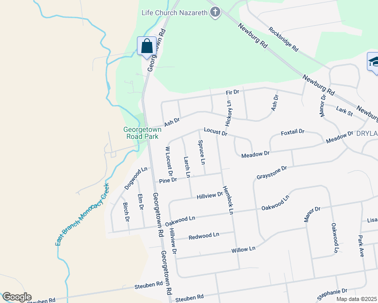 map of restaurants, bars, coffee shops, grocery stores, and more near 458 Larch Lane in Nazareth