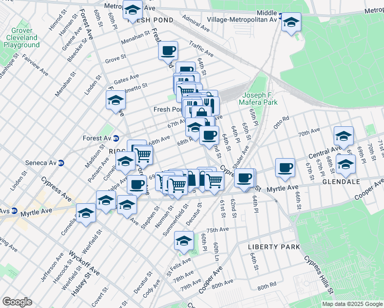map of restaurants, bars, coffee shops, grocery stores, and more near 60-70 Catalpa Avenue in Queens