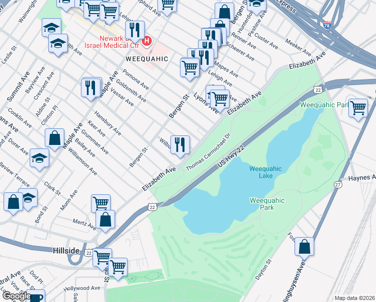map of restaurants, bars, coffee shops, grocery stores, and more near 20-24 Vassar Avenue in Newark