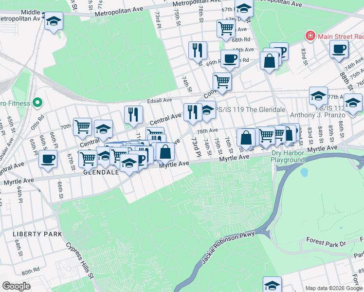 map of restaurants, bars, coffee shops, grocery stores, and more near in Queens