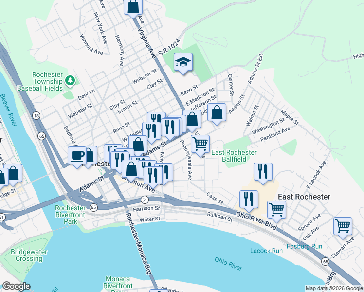 map of restaurants, bars, coffee shops, grocery stores, and more near 477 Adams Street in Rochester