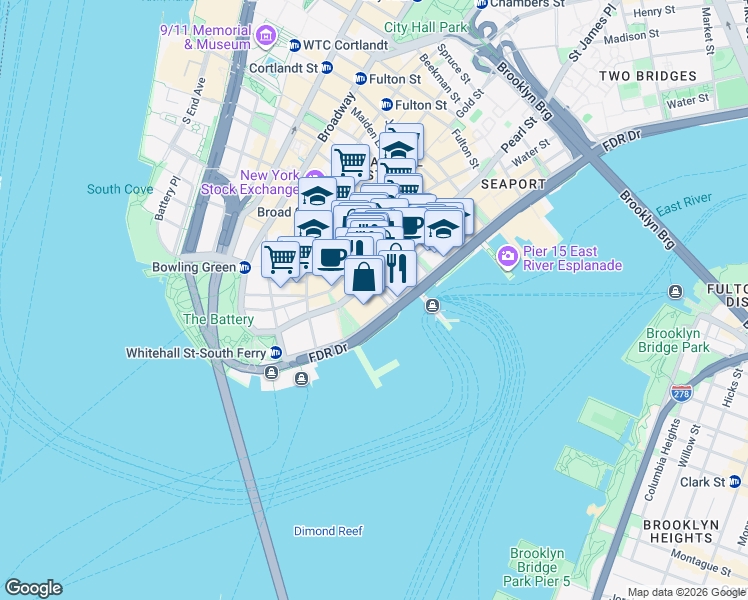 map of restaurants, bars, coffee shops, grocery stores, and more near 67 Water Street in New York