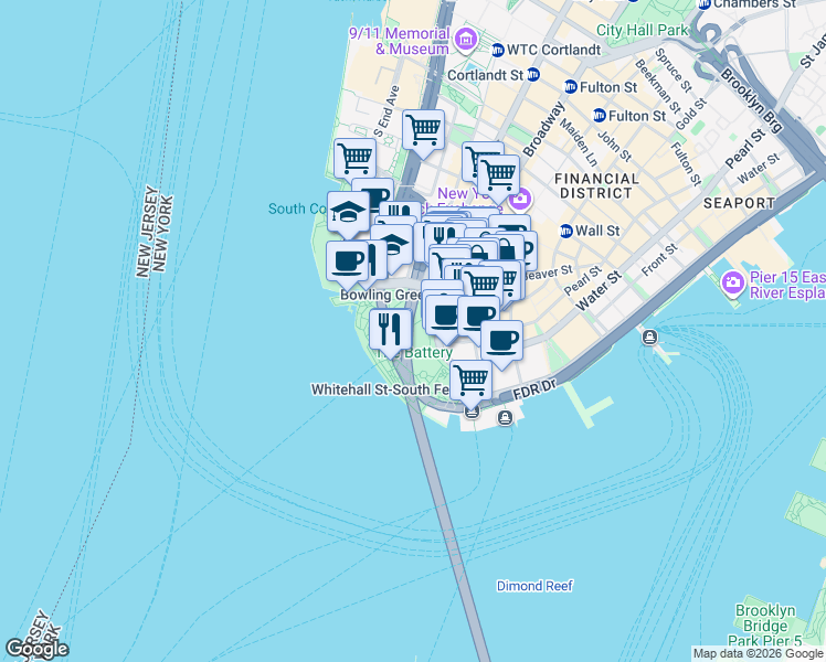 map of restaurants, bars, coffee shops, grocery stores, and more near 17 Battery Park Underpass in New York