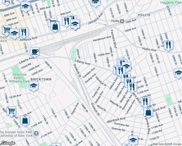 map of restaurants, bars, coffee shops, grocery stores, and more near 72 Camden Avenue in Queens