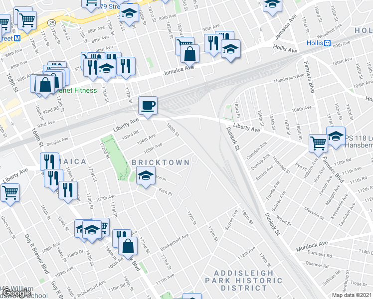 map of restaurants, bars, coffee shops, grocery stores, and more near 106-8 180th Street in Queens
