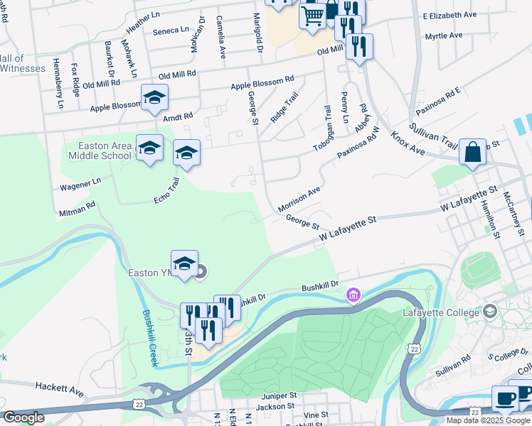 map of restaurants, bars, coffee shops, grocery stores, and more near 203 Morrison Avenue in Easton